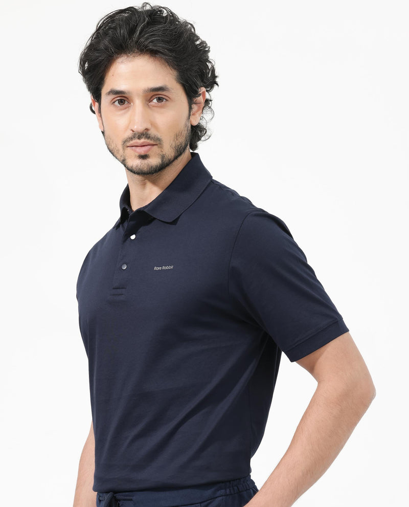 Rare Rabbit Mens Keneth Navy Short Sleeve Contrast Inner Placket Solid Polo-Tshirt