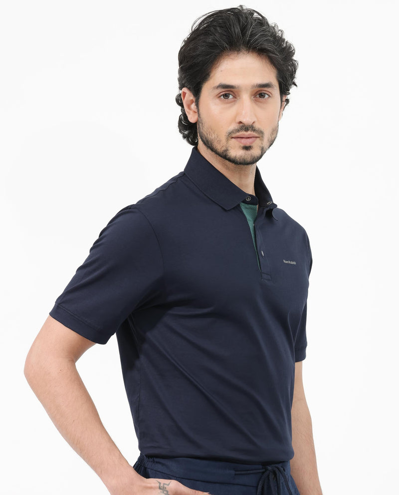 Rare Rabbit Mens Keneth Navy Short Sleeve Contrast Inner Placket Solid Polo-Tshirt